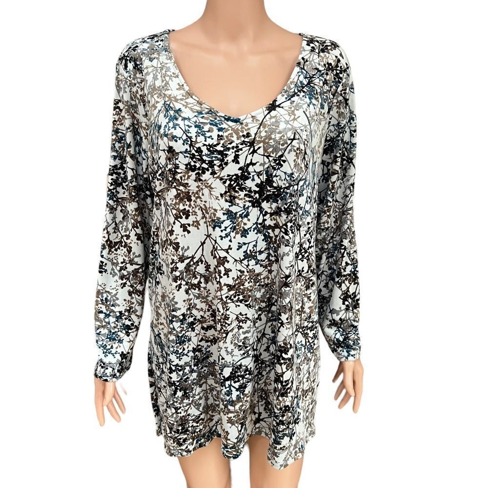 Pure J Jill Velvet Long Sleeve Top V Neck Size LP Gray Blue Brown Print.